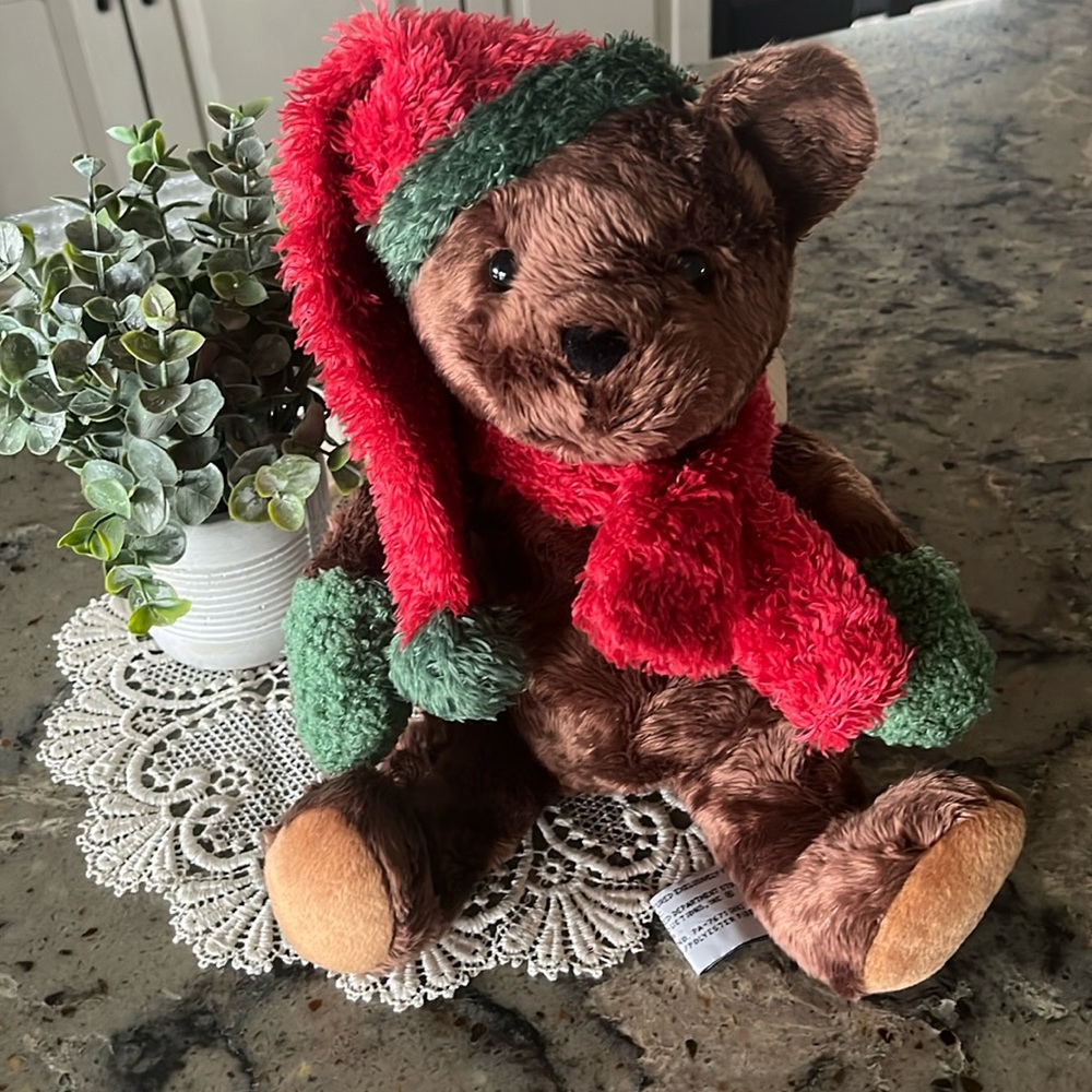 The Bon Marche Inc Chocolate Brown Christmas Teddy Bear w/ Night Cap & Scarf